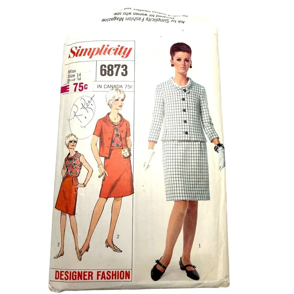 Simplicity Designer Vintage 1960's Pattern #6873 Misses Suit‎ and Blouse Size 14